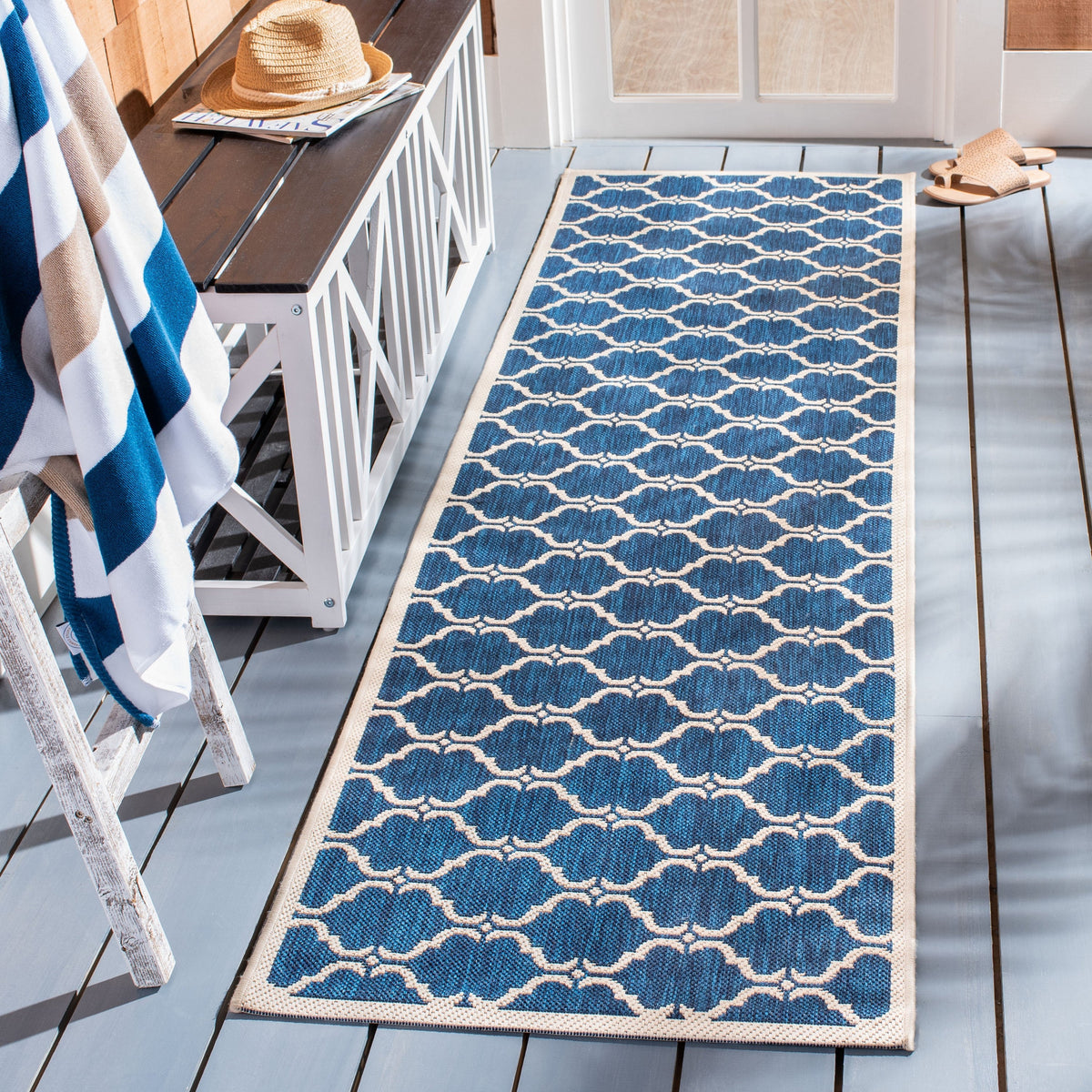 Safavieh Courtyard Aldo 2 x 12 Navy/Beige Indoor/Outdoor Trellis Coastal Runner