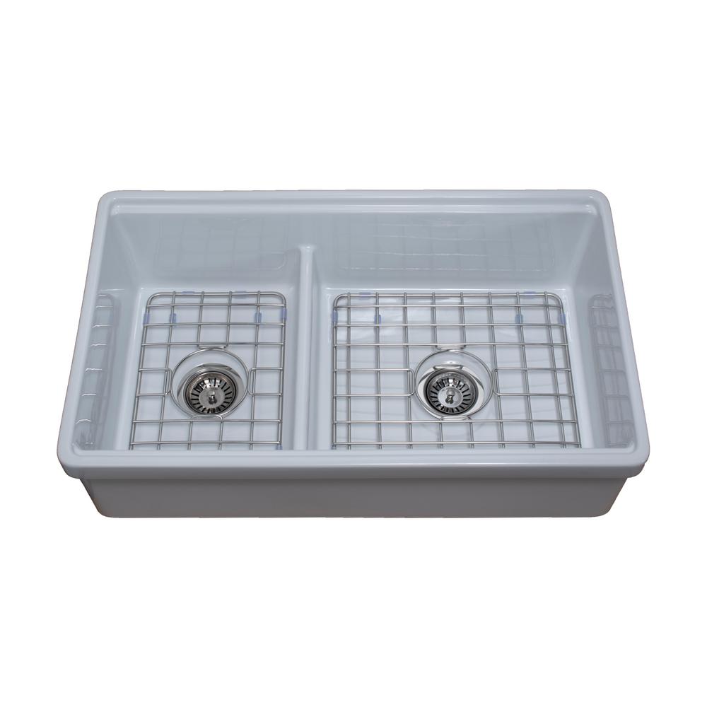 Tosca Farmhouse Fireclay 33 in. 60/40 Double Bowl Kitchen Sink in White with Cutting-Board, Bottom Grid and Strainer - Super Arbor