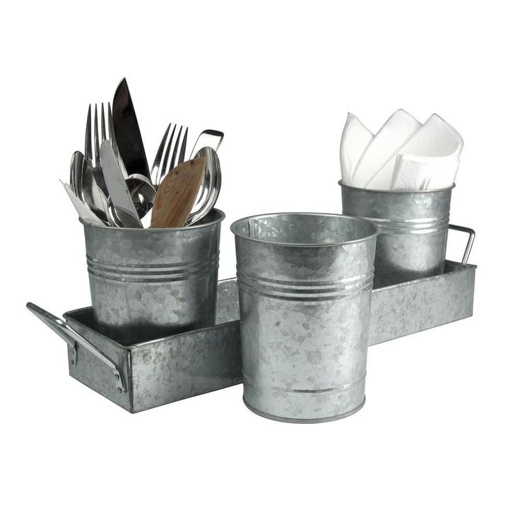 4 in. D x 5 in. H x 17.5 in. L Flatware Caddy with 3 Galvanized 4-Cups