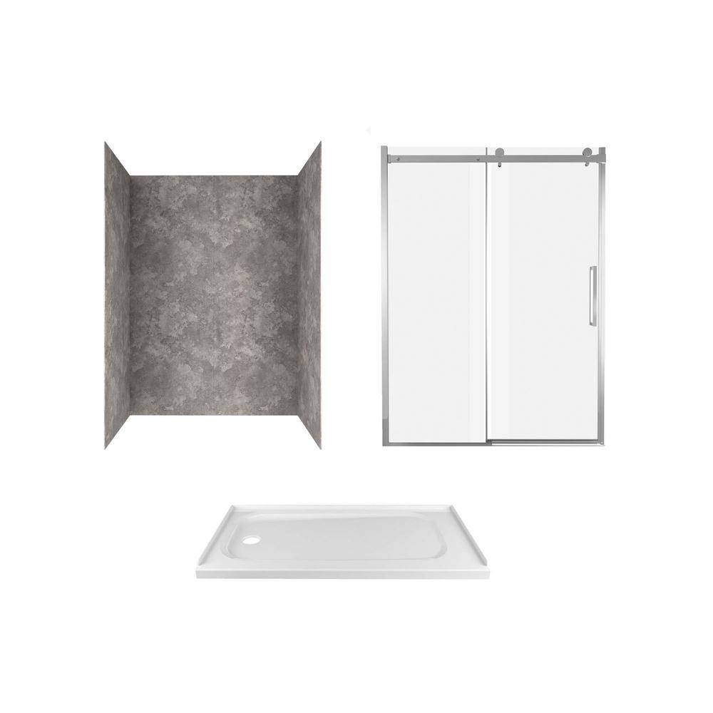 Passage 60 in. x 72 in. 3-Piece Glue-Up Alcove Shower Wall, Door and Base Kit with Left Hand Drain in Serene Marble - Super Arbor