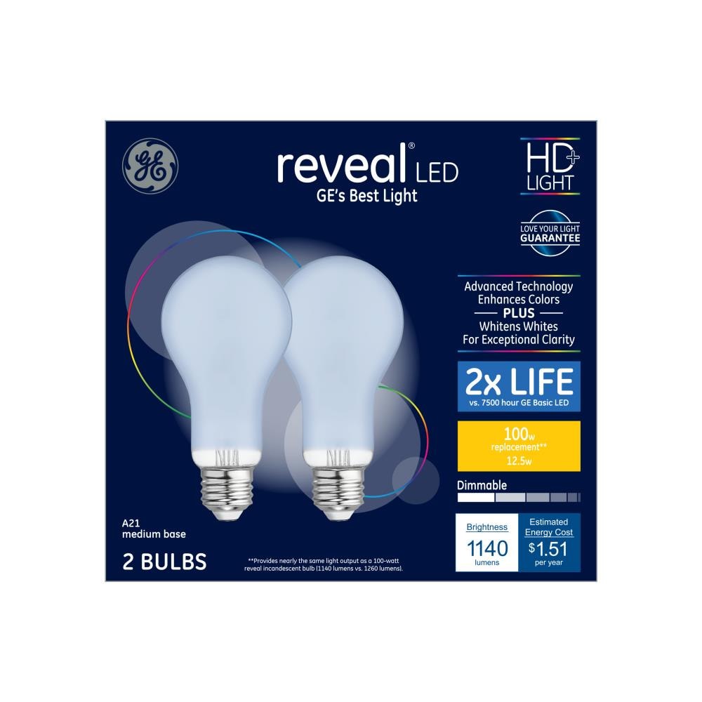 GE Reveal 100-Watt EQ A21 Color-Enhancing Dimmable LED Light Bulb, Medium Base (E26), 1140 Lumens, 2850K, 2-Pack