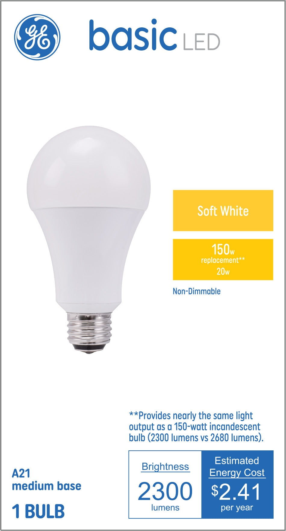 GE Basic 150-Watt Equivalent A21 Soft White LED Light Bulb, E26 Medium Base, 2300 Lumens