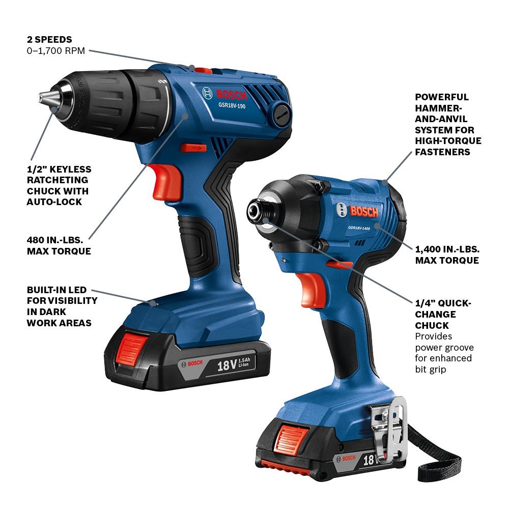 Bosch 18V 2-Tool Cordless Combo Kit with Soft Case, Charger and (2) 2.0Ah Batteries – GXL18V-26B22
