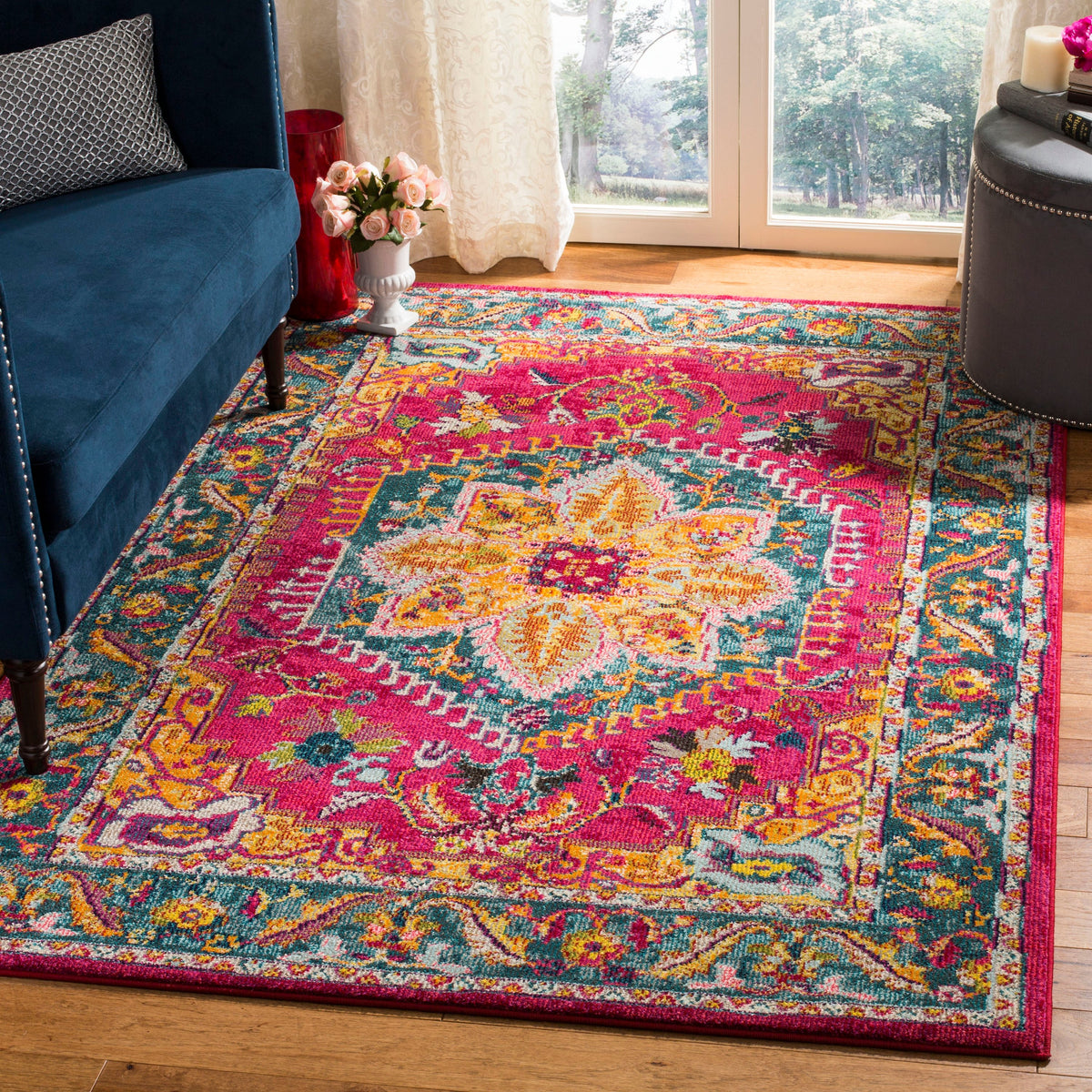 Safavieh Phoenix Ian 3 x 5 Fuchsia/Blue Indoor Distressed Overdyed Vintage Throw Rug