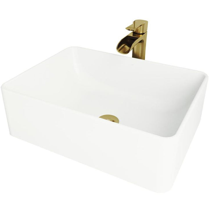 VIGO Amaryllis Matte Stone Vessel Bathroom Sink in White with Niko Faucet in Matte Gold