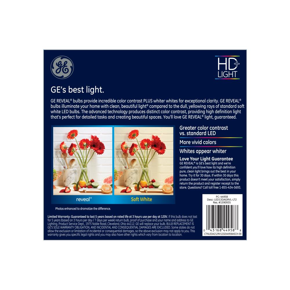 GE Reveal 100-Watt EQ A21 Color-Enhancing Dimmable LED Light Bulb, Medium Base (E26), 1140 Lumens, 2850K, 2-Pack