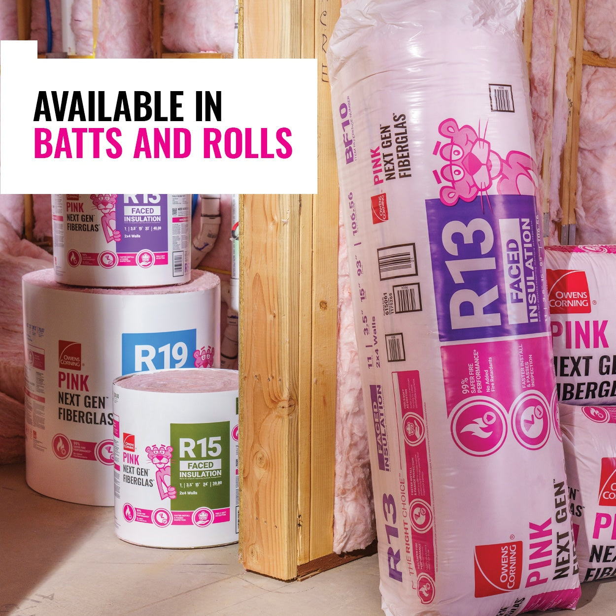 Owens Corning Eco Touch R-19 Unfaced Fiberglass Insulation Roll, 23 in W x 39 ft L, 75.07 sq ft Coverage