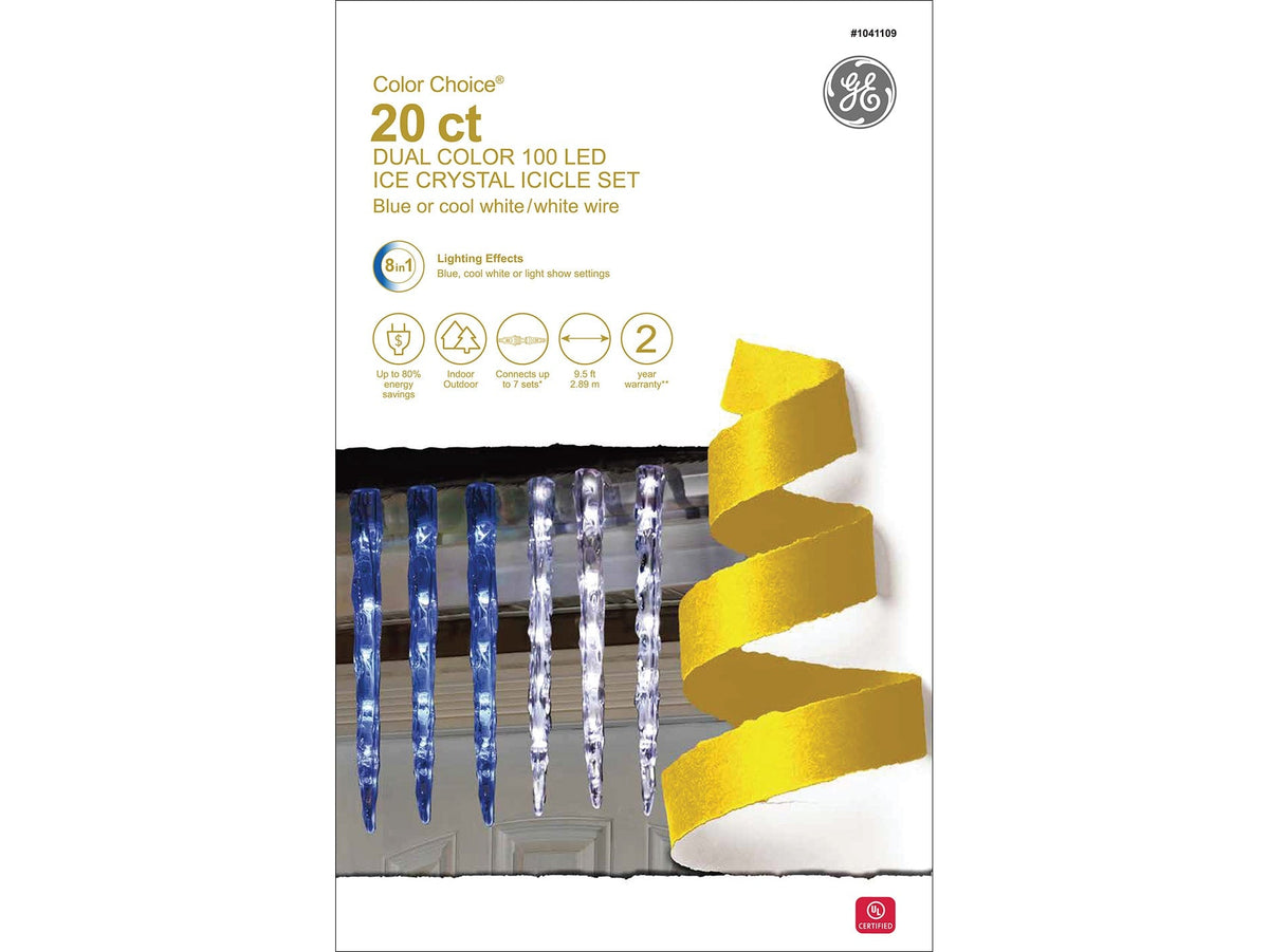 GE Color Choice 100-Count Multi-Function Color-Changing LED Christmas Icicle Lights, 20 Icicles, 9.5-ft Lighted Length, White Wire