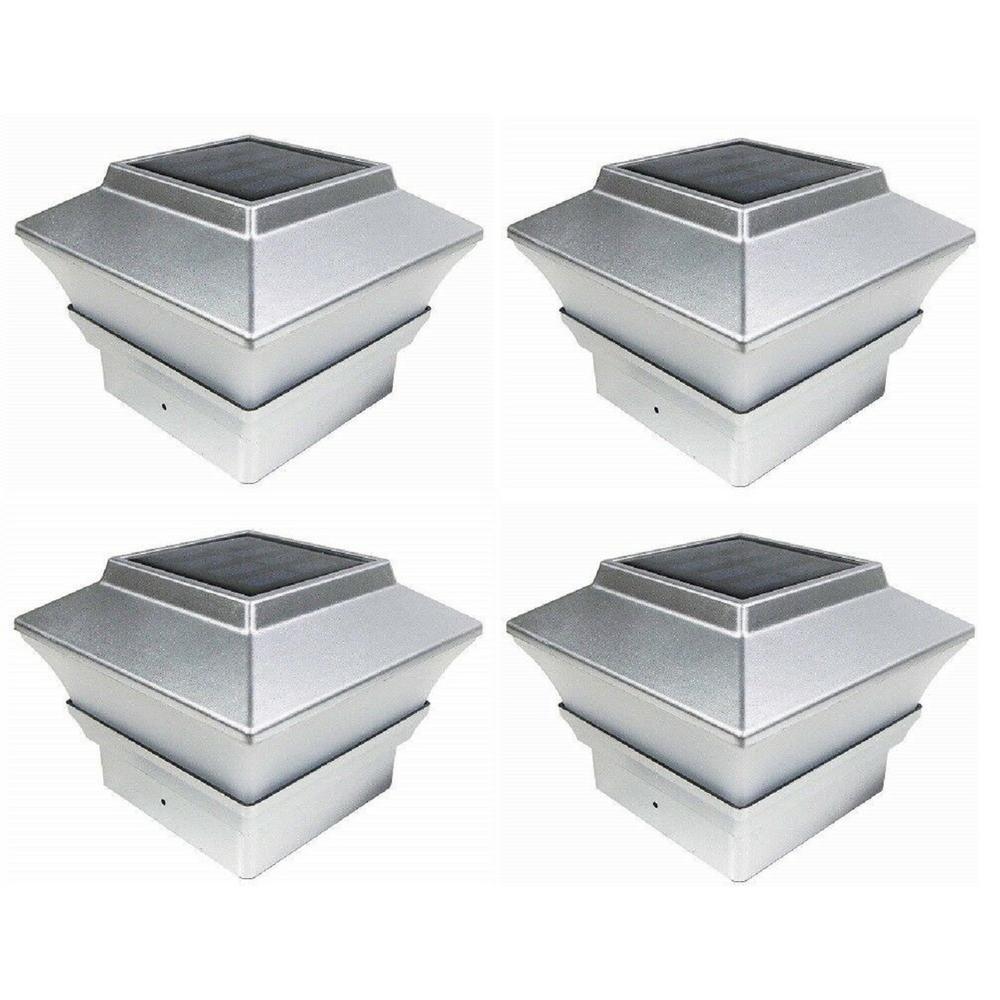 Relightable Solar 4 in. x 4 in. Silver Vinyl Outdoor Post Cap Deck Lights (4-Pack) - Super Arbor