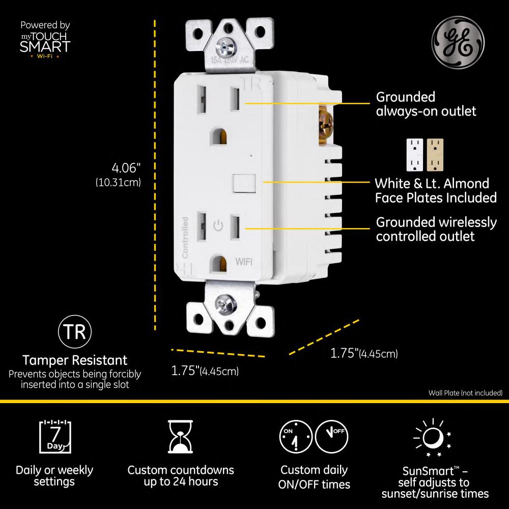 GE myTouchSmart Wi‑Fi Smart Duplex Outlet, 15A, White (Model 40795-S1)