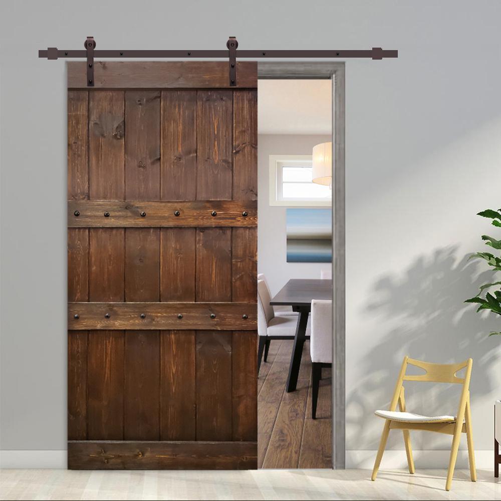 Clavos Series 36 in. x 84 in. Brown Stained Solid Pine Wood Interior Sliding Barn Door with Sliding Door Hardware Kit - Super Arbor