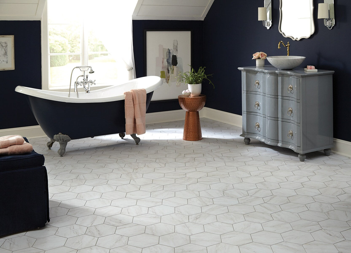 Style Selections Grecian Marble 7-3/4-in x 9-in Groutable Water Resistant Peel and Stick Vinyl Tile Flooring (0.3699-sq ft)