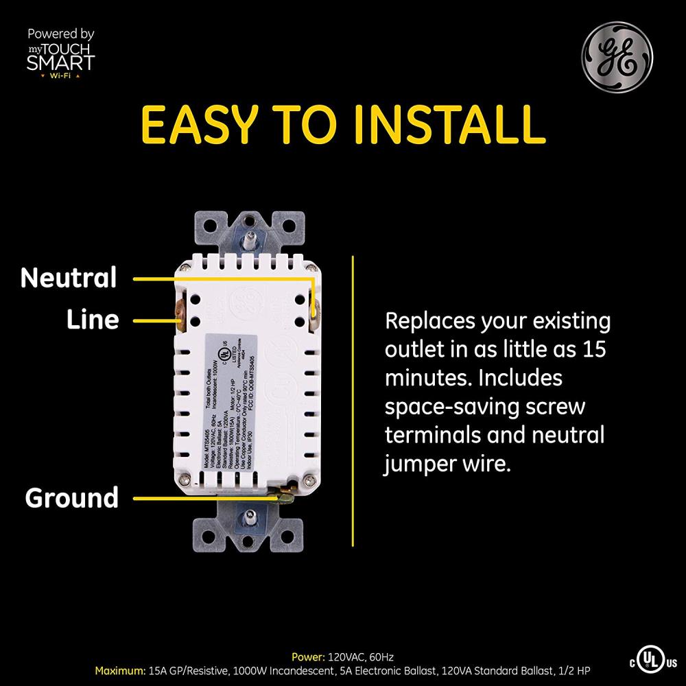 GE myTouchSmart Wi‑Fi Smart Duplex Outlet, 15A, White (Model 40795-S1)