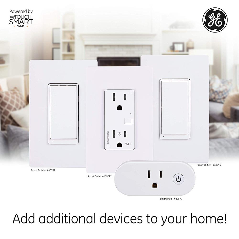 GE myTouchSmart Wi‑Fi Smart Duplex Outlet, 15A, White (Model 40795-S1)