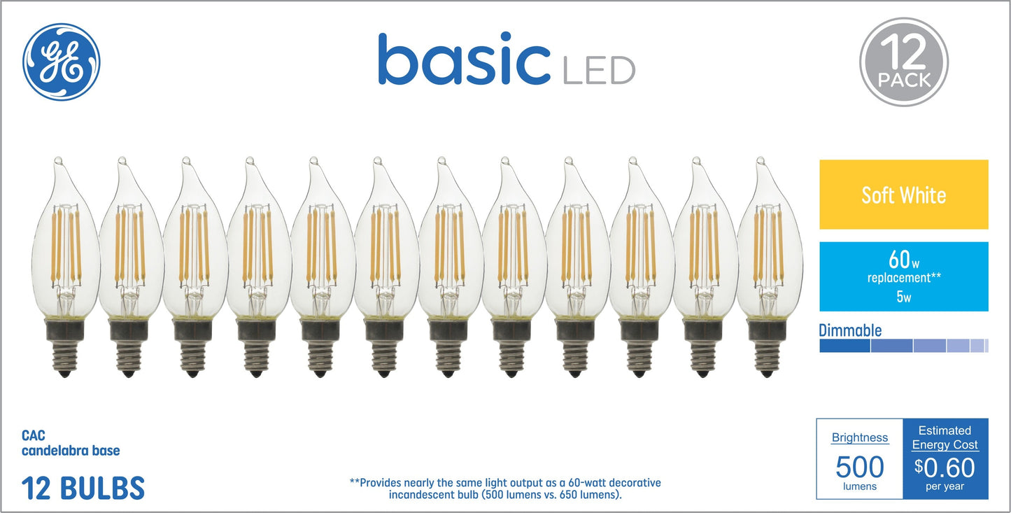 GE Basic 60-Watt EQ CAC/CA10 Soft White Dimmable LED Decorative Light Bulbs, Candelabra Base (12-Pack)