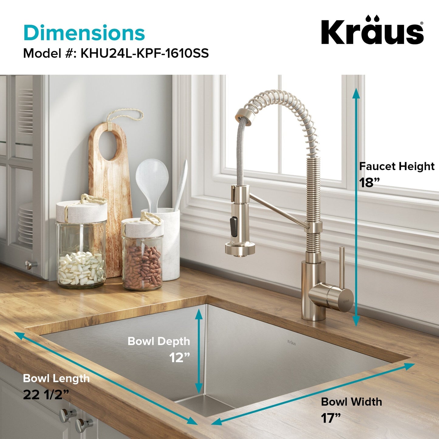 Kraus Stainless Steel Undermount Laundry Sink with Drain and Faucet - 18.5x24 In.