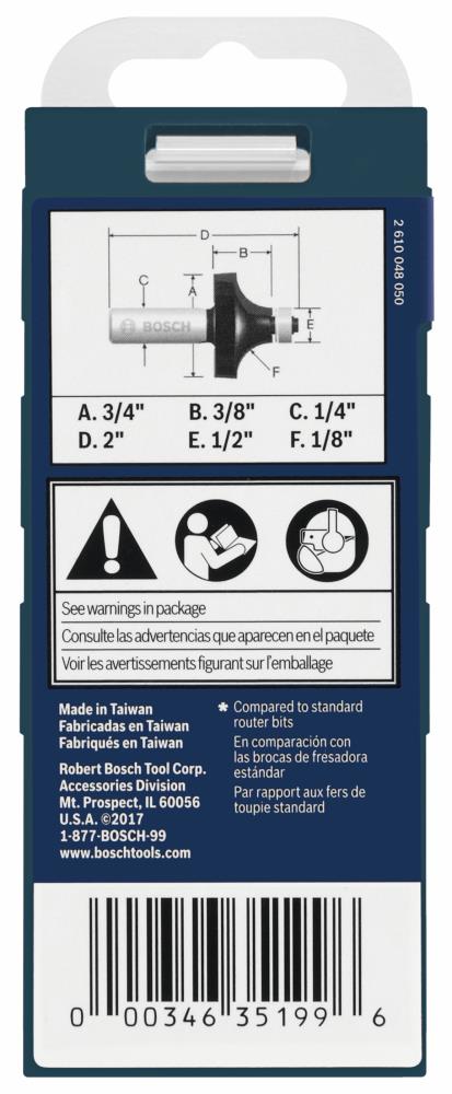 Bosch 1/8-in Carbide-Tipped Roundover Router Bit, 1/4-in Shank, 3/4-in OD