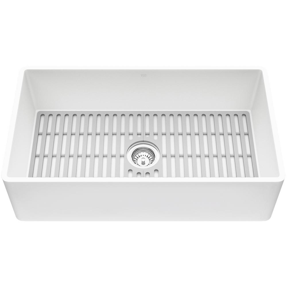 Matte Stone White Composite 33 in. Single Bowl Reversible Flat Farmhouse Apron-Front Kitchen Sink with Strainer - Super Arbor