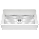 Matte Stone White Composite 33 in. Single Bowl Reversible Flat Farmhouse Apron-Front Kitchen Sink with Strainer - Super Arbor