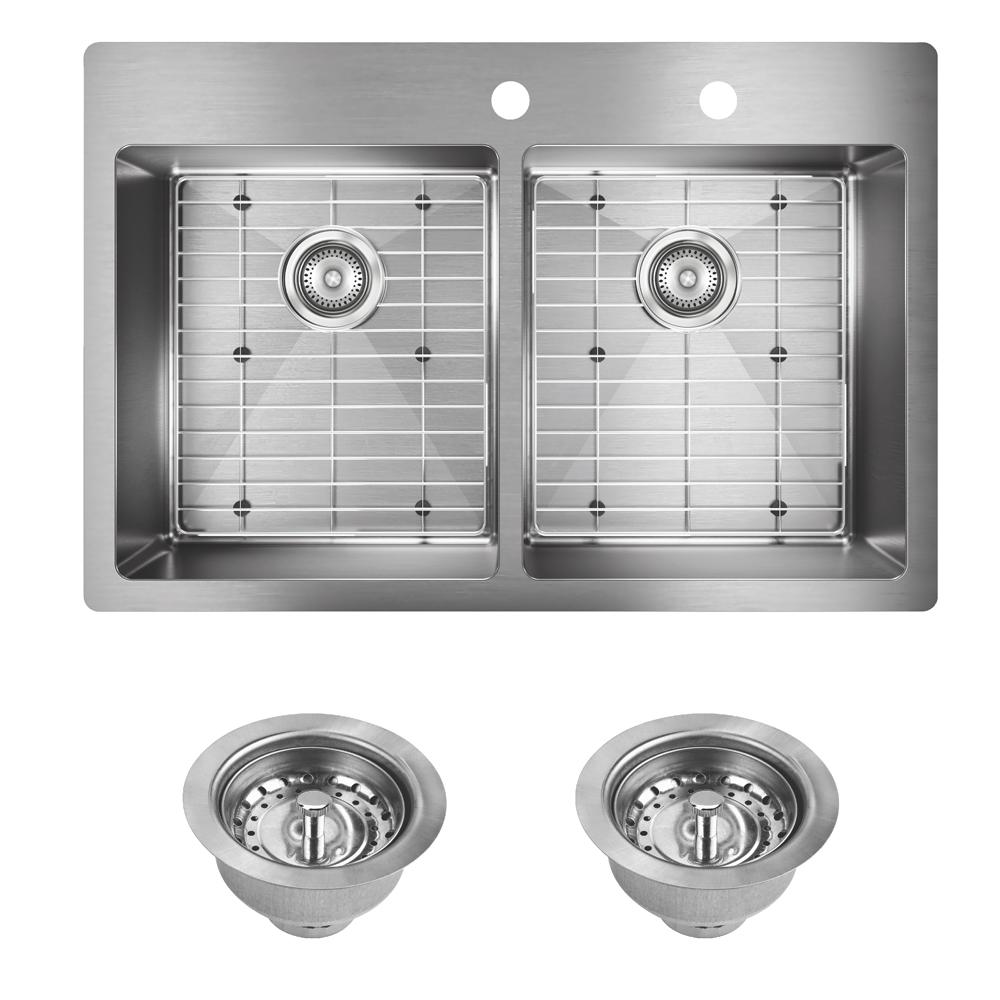 Crosstown Drop-In/Undermount Stainless Steel 33 in. 2-Hole Double Bowl Kitchen Sink with Bottom Grids - Super Arbor