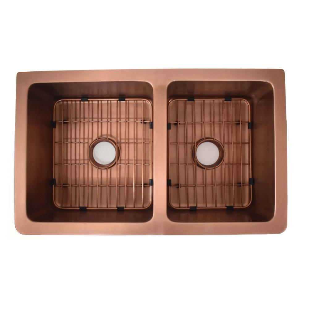 Versailles Farmhouse 33 in. 55/45 Double Bowl Kitchen Sink in Pure Copper with Bottom Grid - Super Arbor