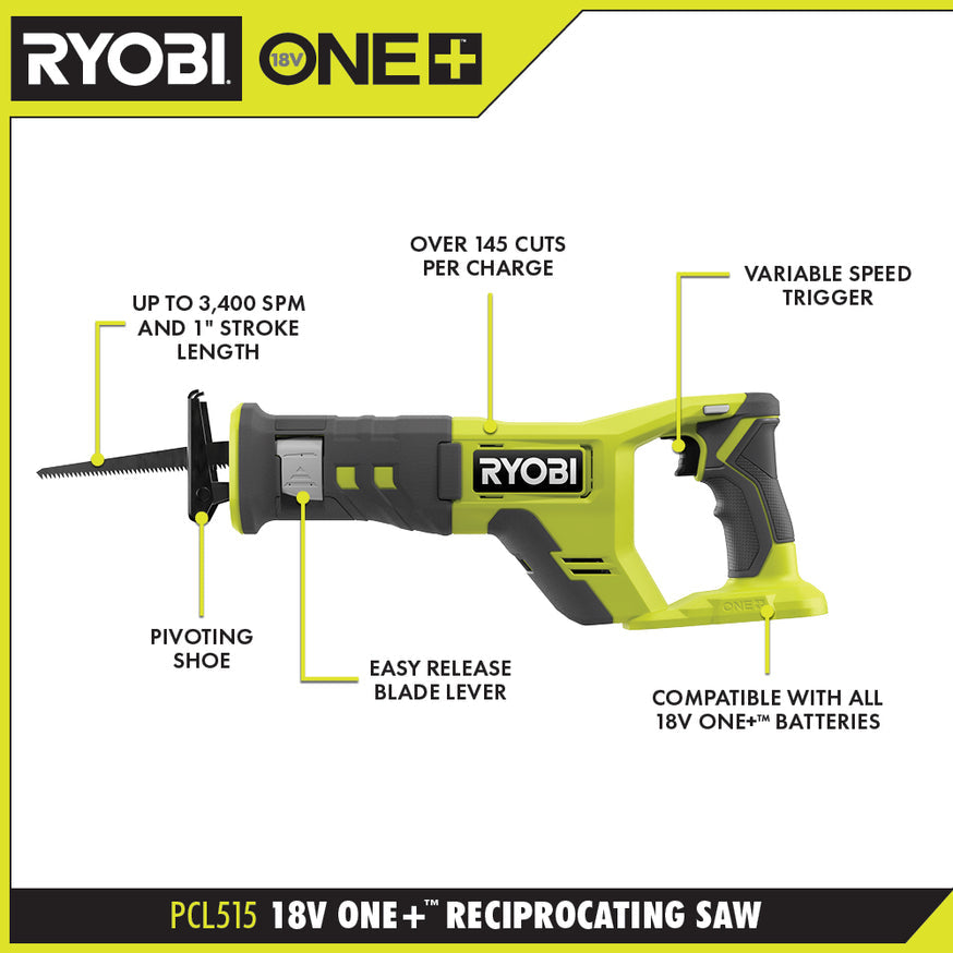 RYOBI ONE+ 18V Cordless 6-Tool Combo Kit with (2) 2.0 Ah Batteries and Charger, PCL1600K2