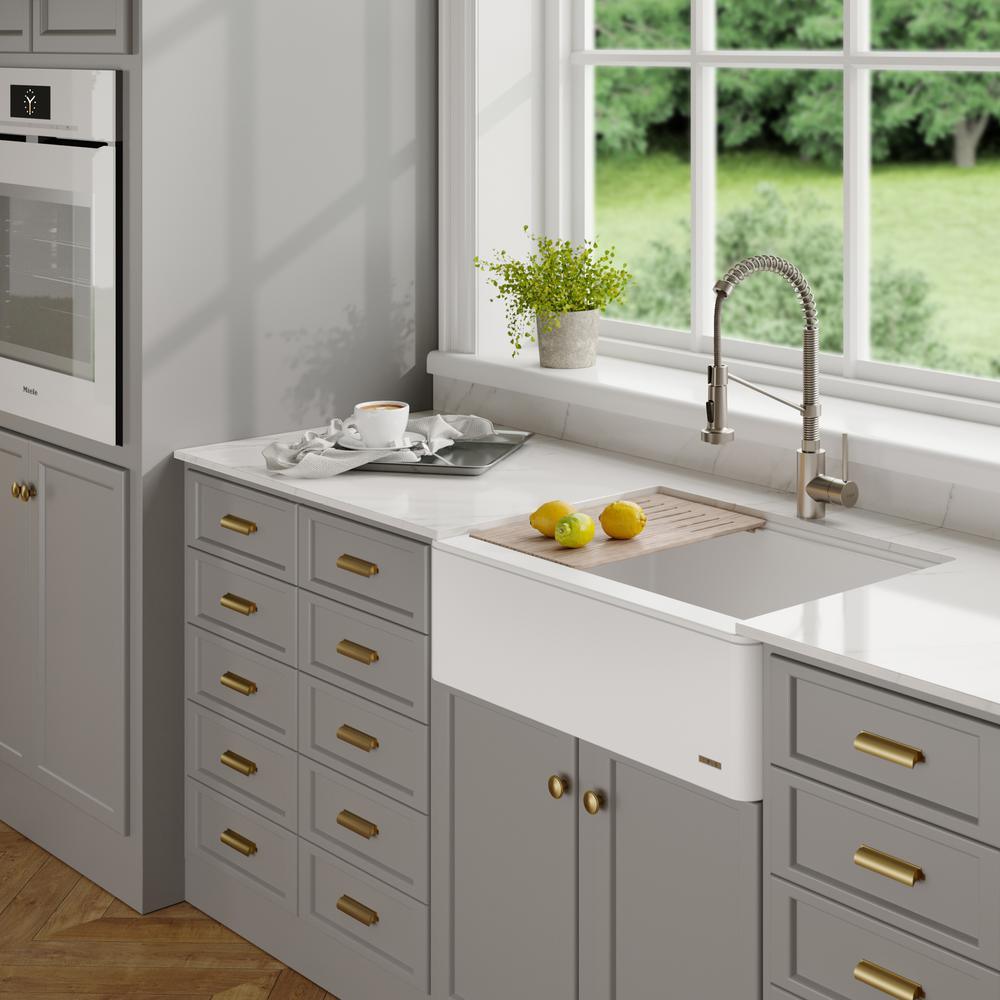 Bellucci 33in. CeramTek Granite/Quartz Composite Farmhouse ApronFront Single Bowl Kitchen Sink w/ Cutting Board in White - Super Arbor