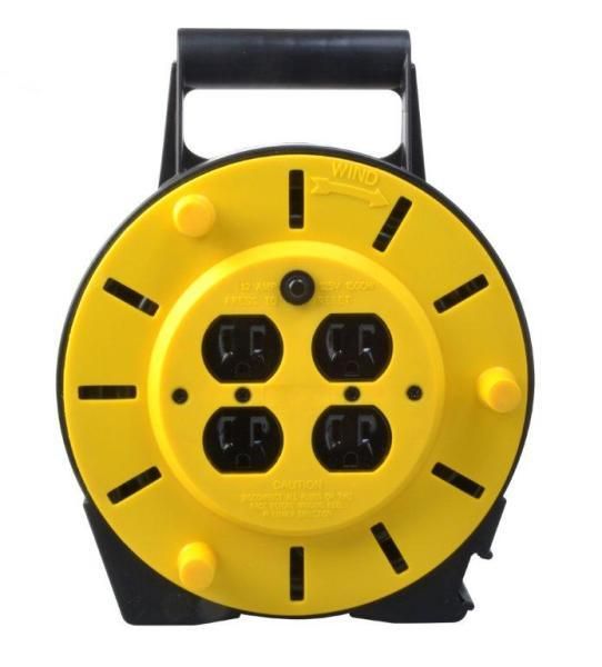 Woods 4907 16/3 25' Black/Yellow SJTW Extension Cord Reel with 4-Outlets
