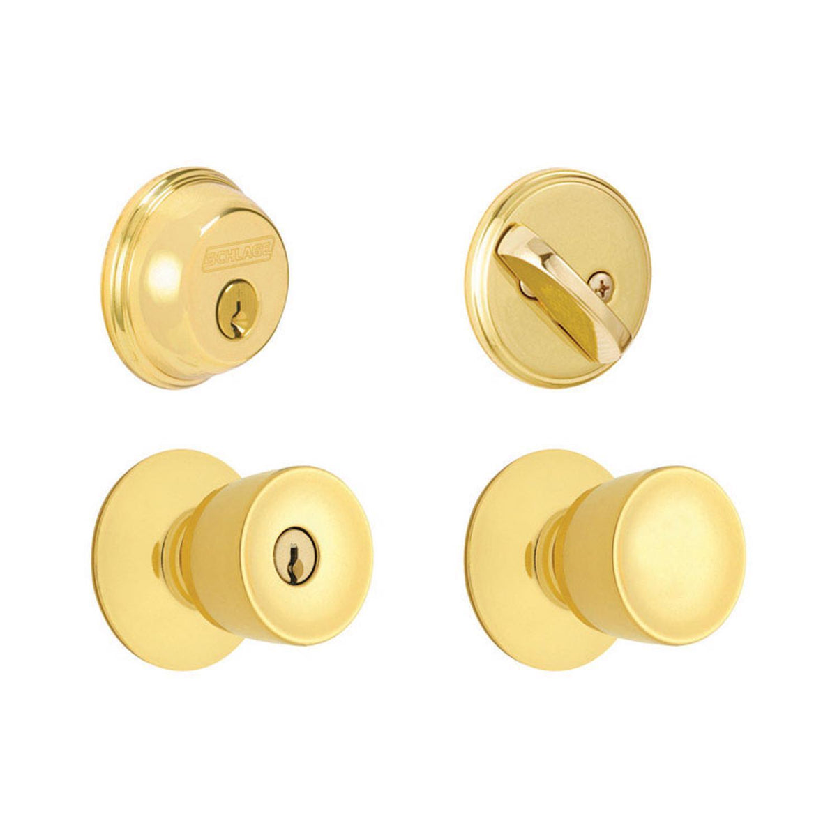 Schlage Bell Bright Brass Knob and Single Cylinder Deadbolt, ANSI Grade 2, 1-3/4 in. Door Thickness