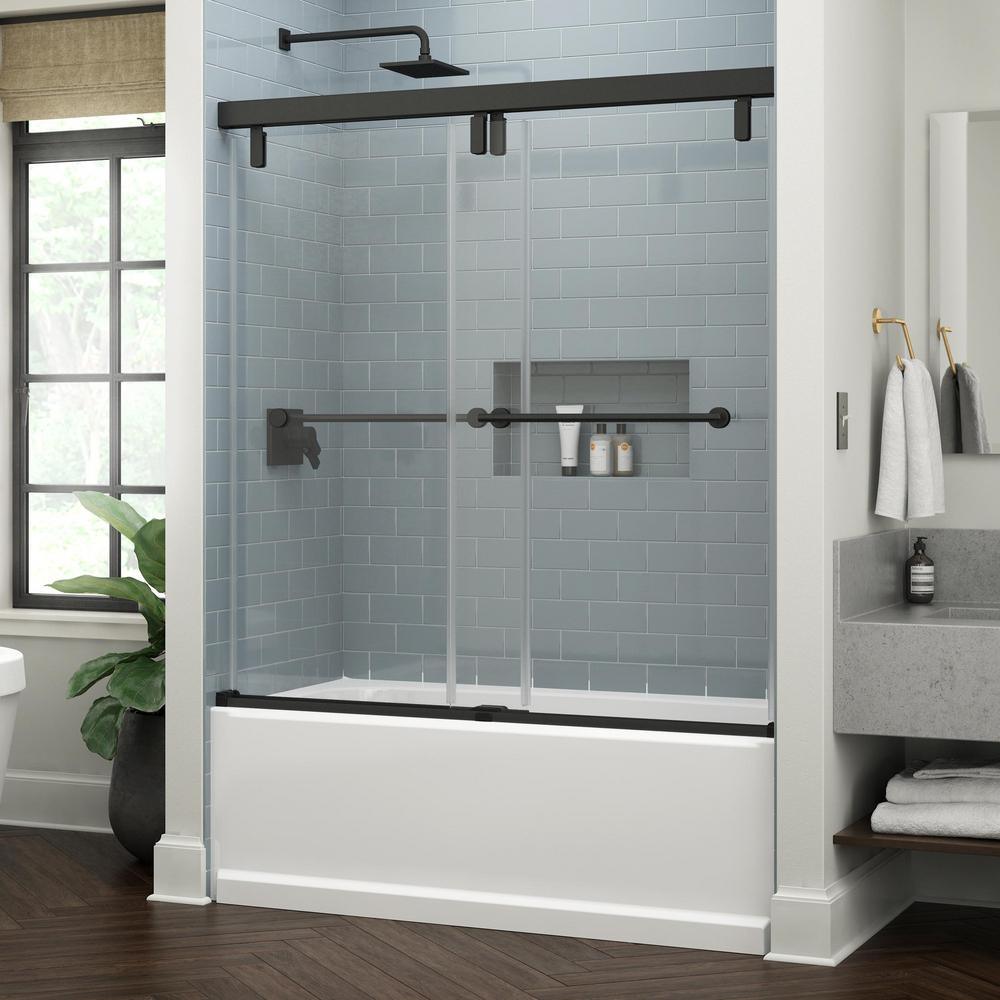 Lyndall 60 x 59-1/4 in. Frameless Mod Soft-Close Sliding Bathtub Door in Bronze with 3/8 in. (10mm) Clear Glass - Super Arbor