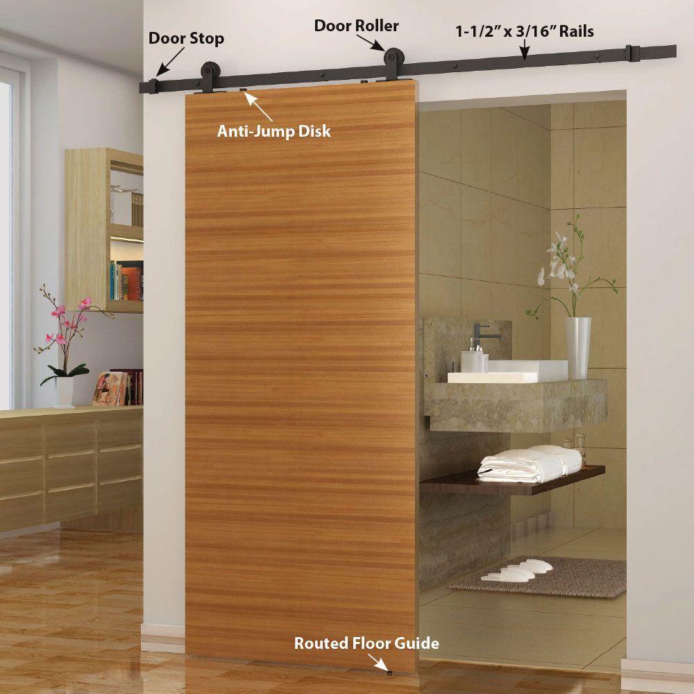 78 in. Black Solid Steel Sliding Rolling Barn Door Hardware Kit for Single Wood Doors with Routed Floor Guide - Super Arbor