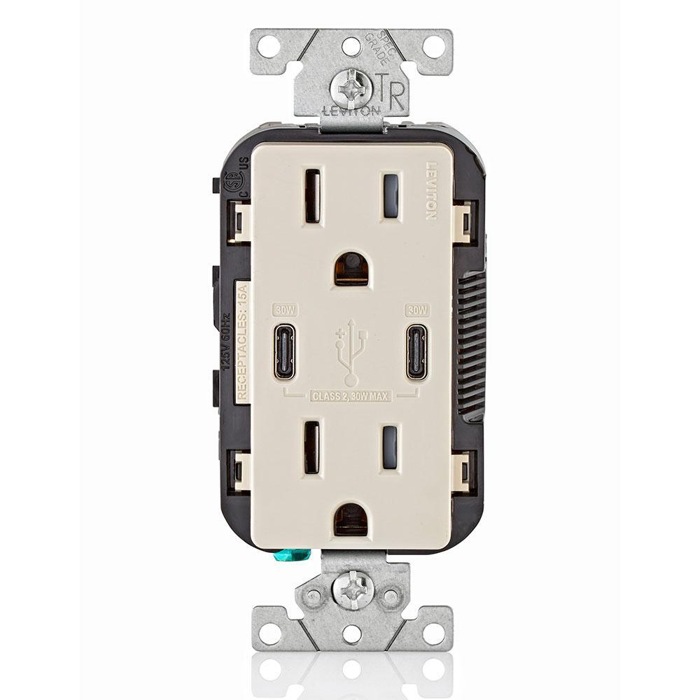 15 Amp 125-Volt Tamper-Resistant Duplex Outlet/30-Watt 6 Amp USB Dual Type-C with Power Delivery In-Wall Charger, White - Super Arbor