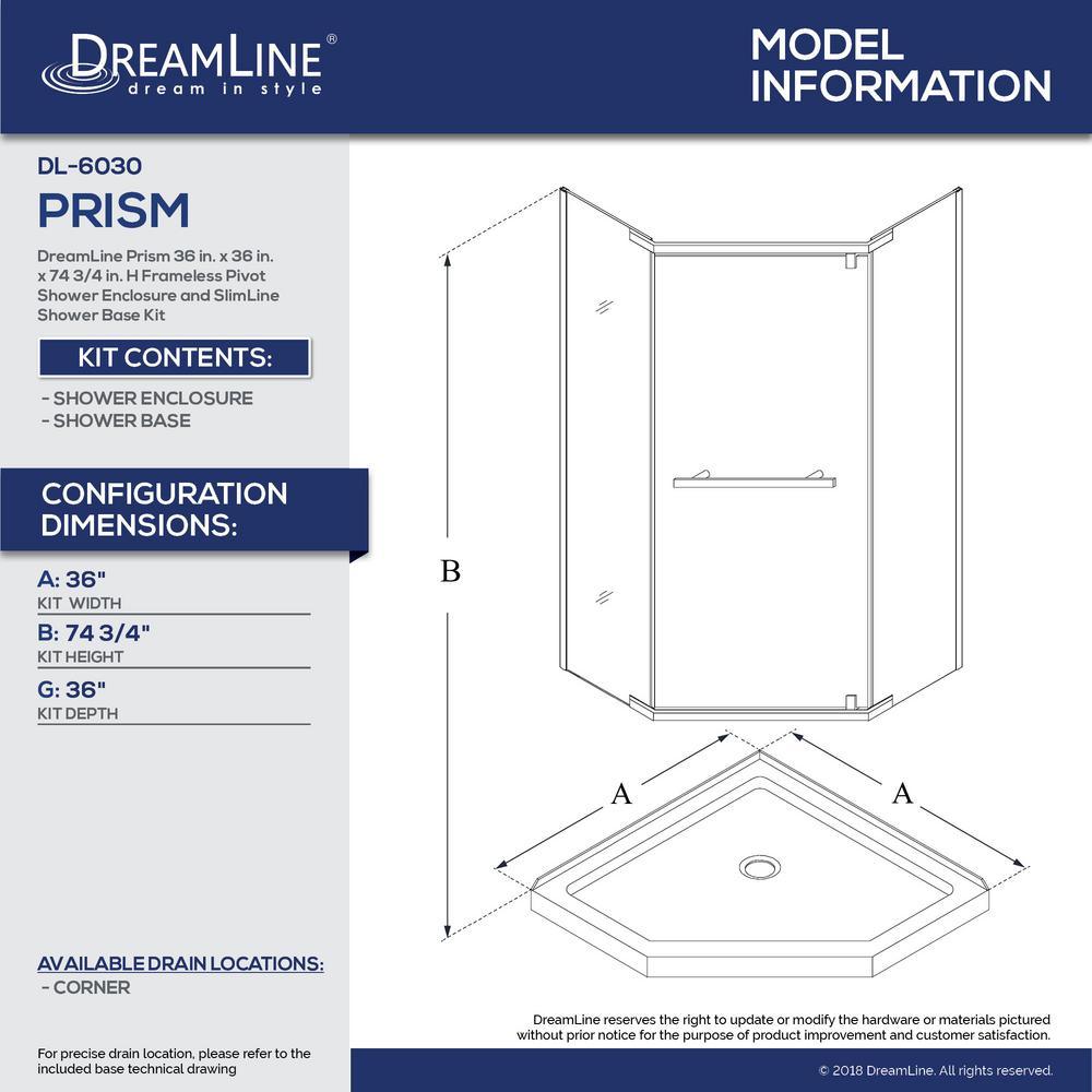 Prism 36 in. x 36 in. x 74.75 in. Semi-Frameless Pivot Neo-Angle Shower Enclosure in Brushed Nickel with White Base - Super Arbor