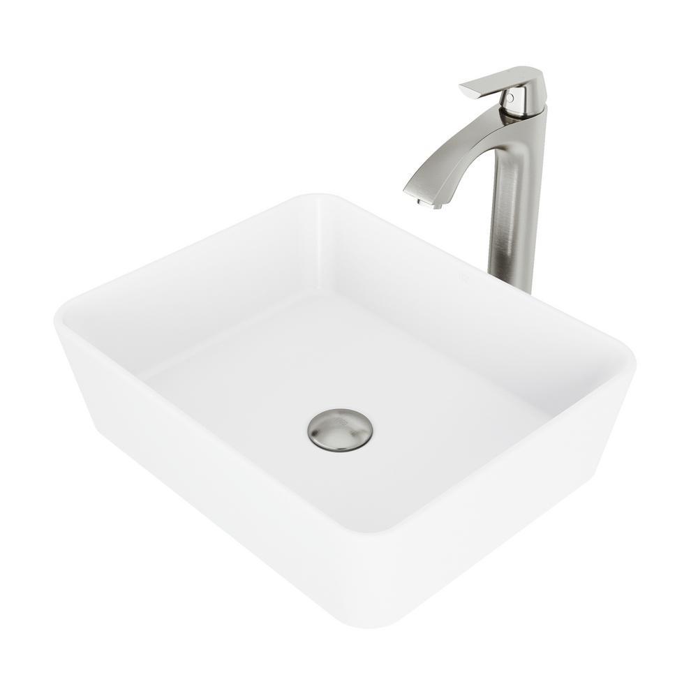 Marigold White Matte Stone Vessel Bathroom Sink and Linus Bathroom Vessel Faucet in Brushed Nickel - Super Arbor