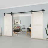 12 ft./144 in. Black Steel Straight Strap Sliding Barn Door Track and Hardware Kit for Double Doors with Floor Guide - Super Arbor