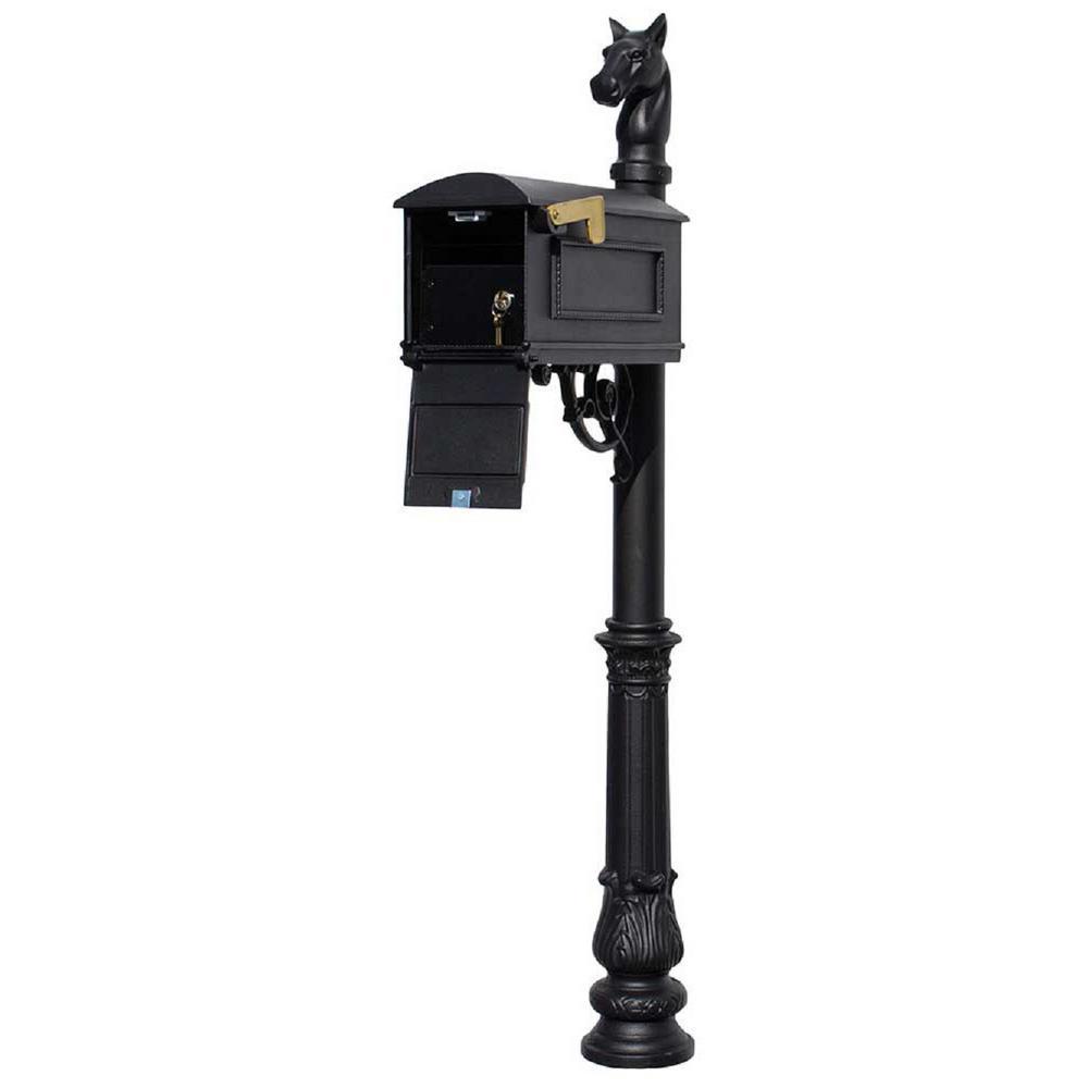 Lewiston Bronze Post Mount Locking Insert Mailbox with decorative Ornate Base and Horsehead Finial - Super Arbor