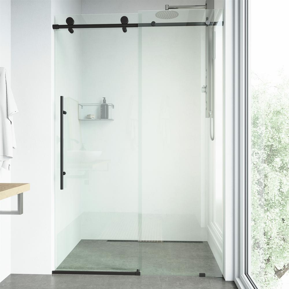 Elan E-class 60 in. x 76 in. Frameless Sliding Shower Door in Matte Black with Clear Glass and Handle - Super Arbor