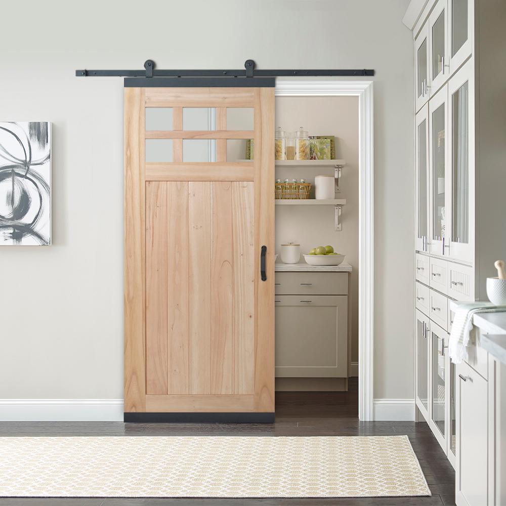 36 in. x 80 in. DesignGlide Farmhouse Unfinished Solid Wood 6-Lite Obscure Glass Sliding Barn Door & Black Hardware Kit - Super Arbor