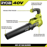 RYOBI 40V Jet Fan Leaf Blower Kit, 110 MPH, 525 CFM with Lawn & Leaf Bag, 4.0 Ah Battery and Charger