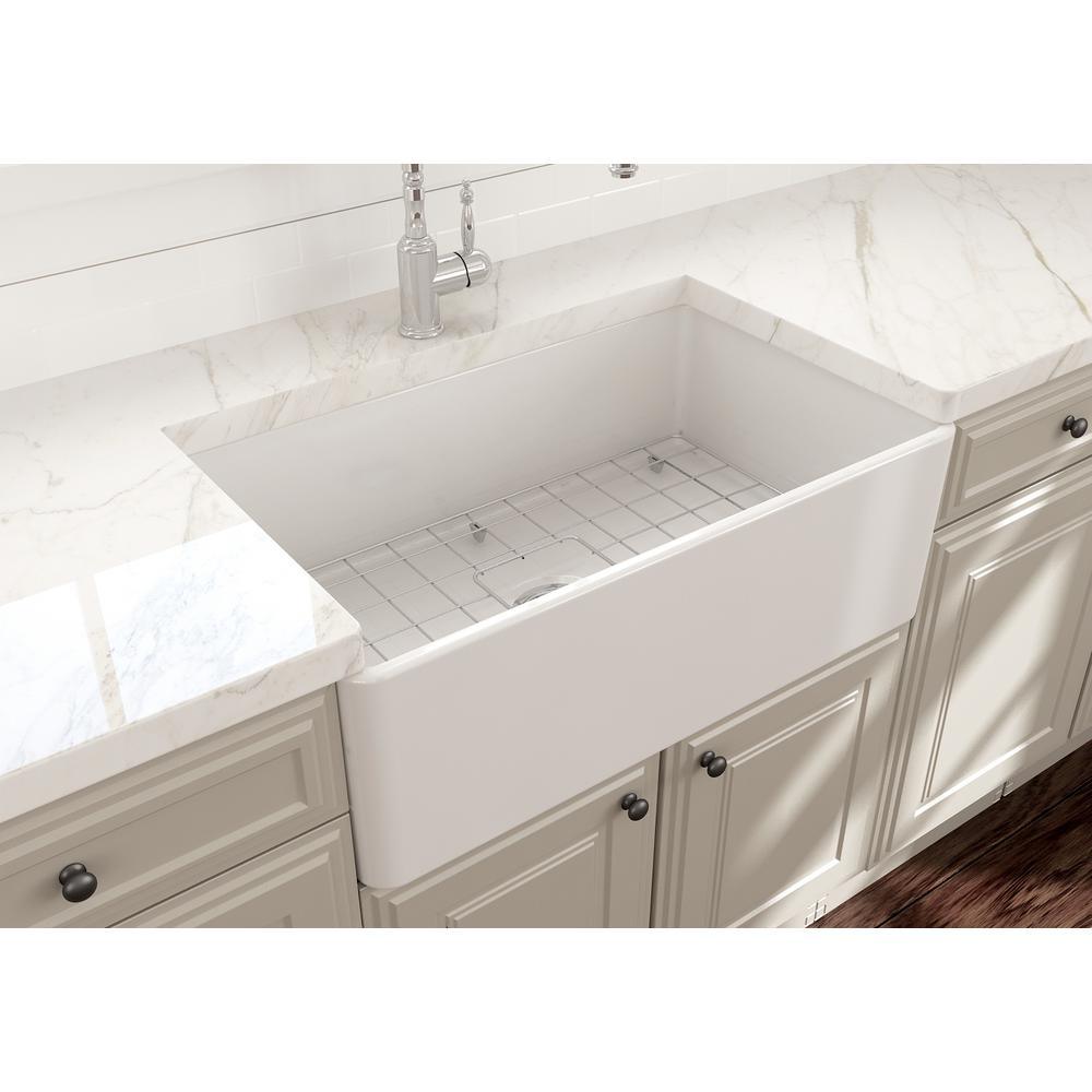 Classico Farmhouse Apron Front Fireclay 30 in. Single Bowl Kitchen Sink with Bottom Grid and Strainer in White - Super Arbor