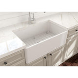 Classico Farmhouse Apron Front Fireclay 30 in. Single Bowl Kitchen Sink with Bottom Grid and Strainer in White - Super Arbor