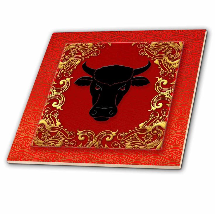 3dRose Chinese Zodiac Year of the Ox Chinese New Year Red, Gold and Black - Ceramic Tile, 8-inch