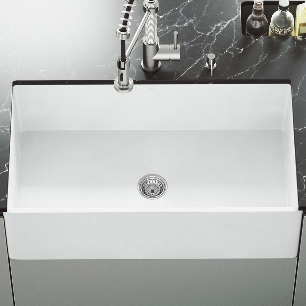Matte Stone White Composite 33 in. Single Bowl Reversible Flat Farmhouse Apron-Front Kitchen Sink with Strainer - Super Arbor