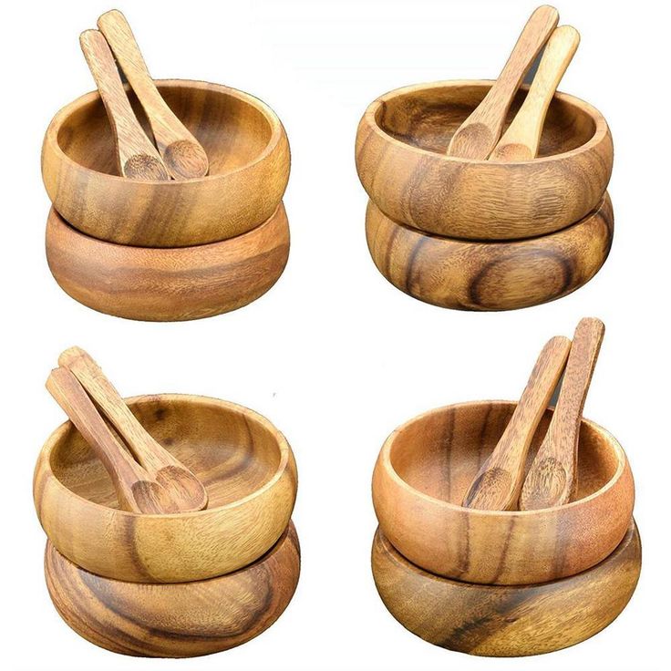 4 in. 16-Piece Wooden Round Dip and Nut Bowl Set with Spoons