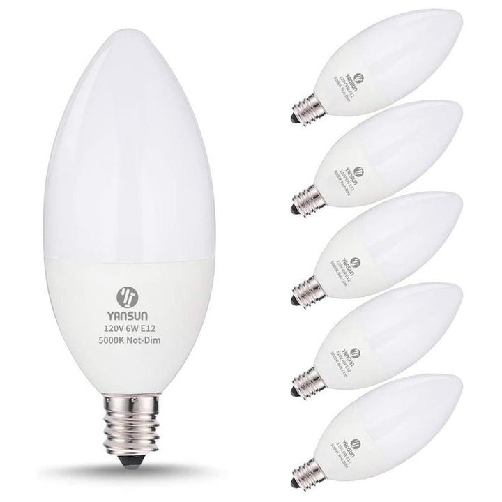 YANSUN 60-Watt Equivalent 6W C37 Non-Dimmable LED Candle Light Bulb E12 Base in Daylight White 5000K (6-Pack)
