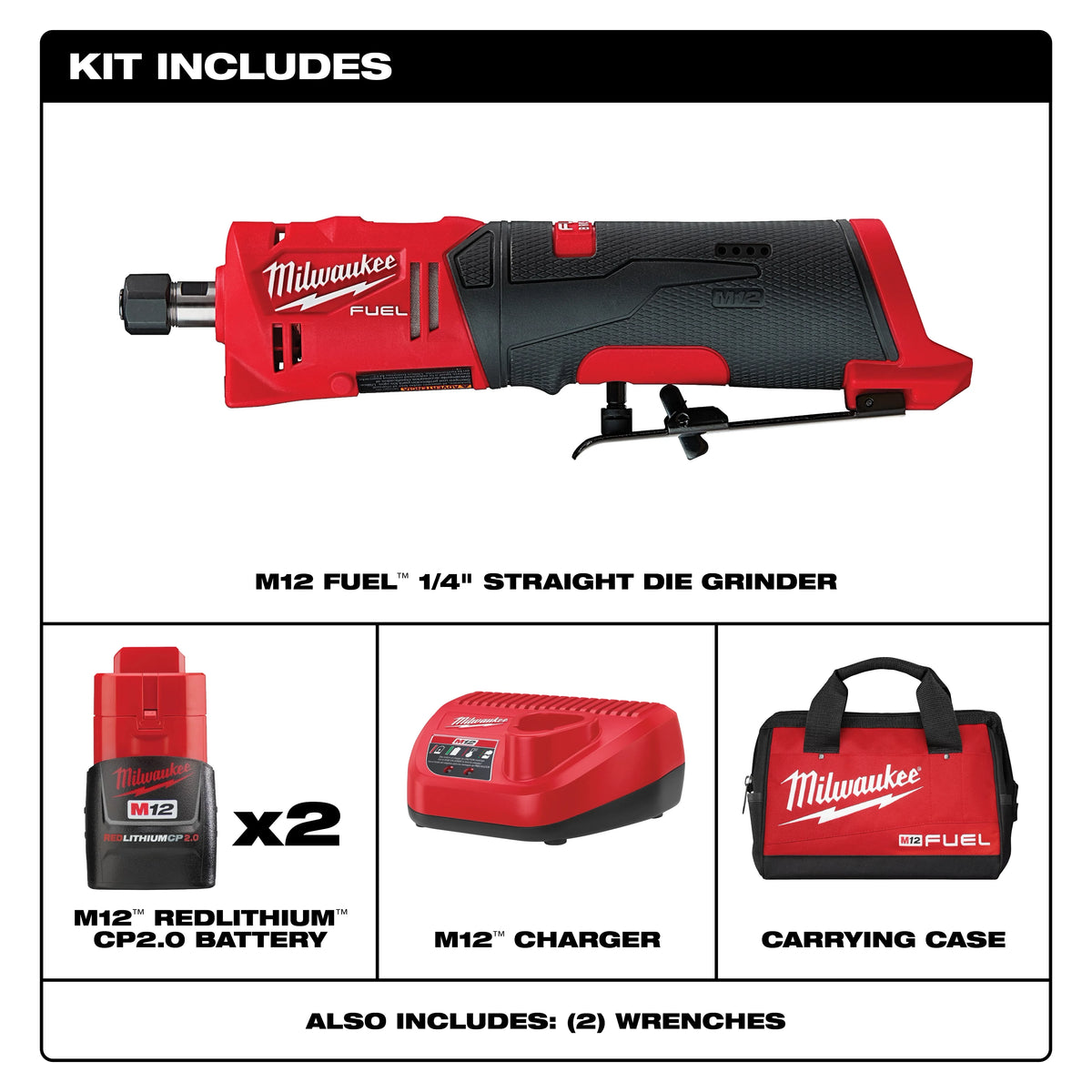Milwaukee M12 FUEL 12V Lithium-Ion Brushless Cordless 1/4 in. Straight Die Grinder Kit with (2) 2.0Ah Batteries and (1) 5.0Ah Battery