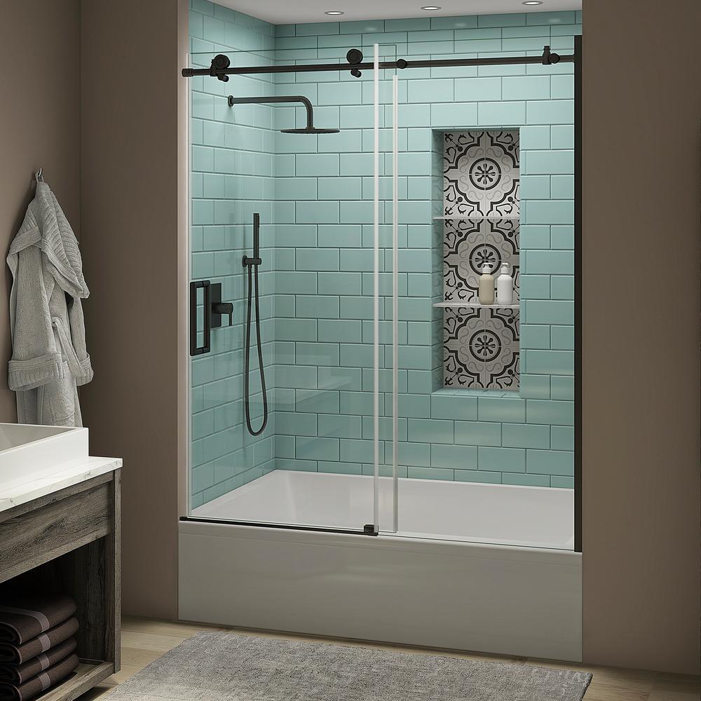 Coraline XL 56 - 60 in. x 70 in. Frameless Sliding Tub Door with StarCast Clear Glass in Stainless Steel, Left Opening - Super Arbor