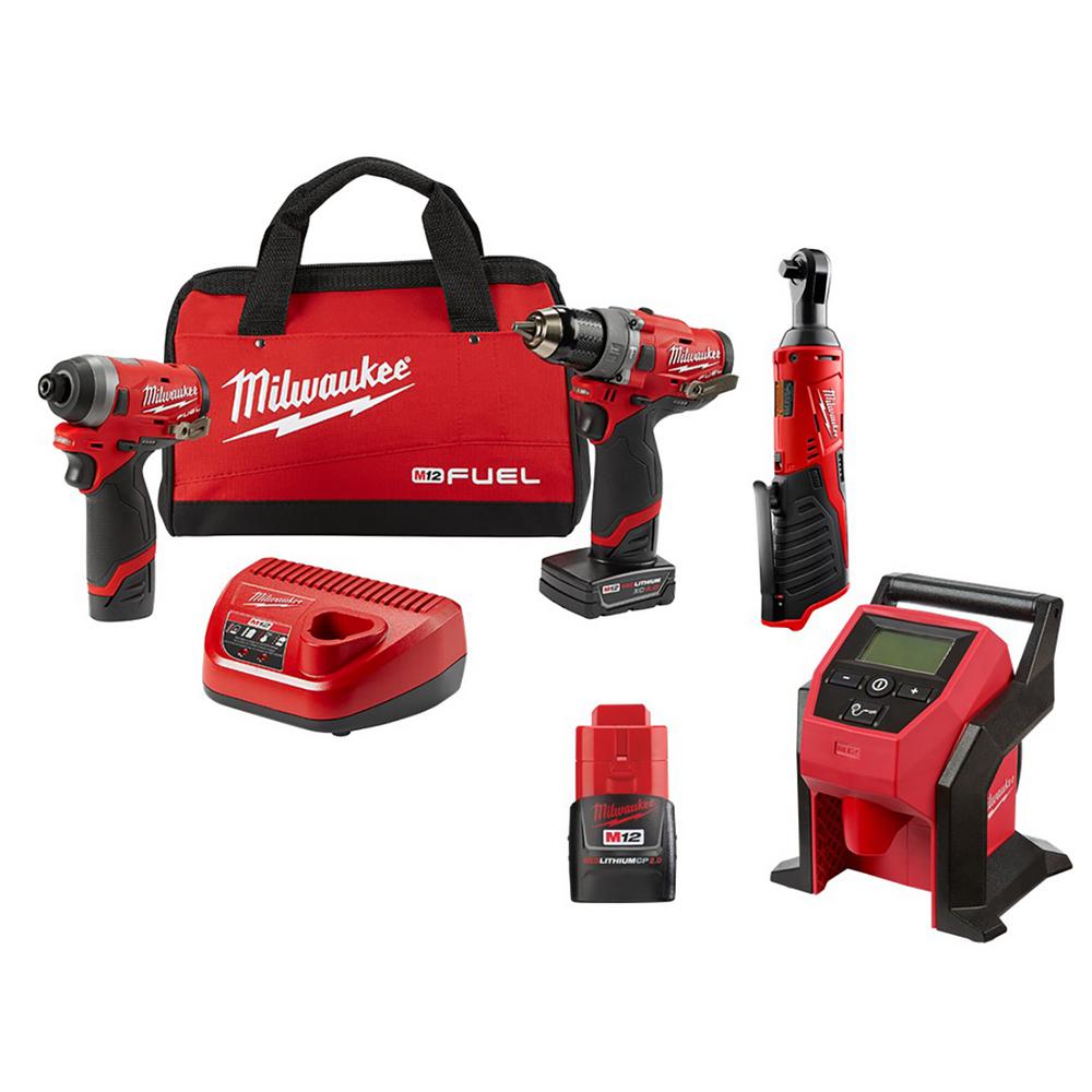 M12 FUEL 12-Volt Li-Ion Brushless Cordless Hammer Drill/Impact Driver Combo Kit with 3/8 in. Ratchet & Inflator (2-Tool) - Super Arbor