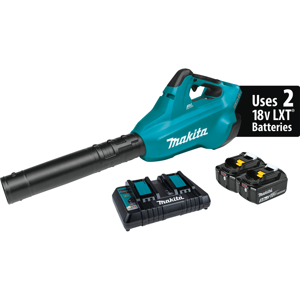 Makita 18V X2 (36V) LXT Brushless Cordless Blower Kit with (2) 5.0Ah Batteries, Dual Port Charger + Bonus 5.0Ah Battery 2-Pack