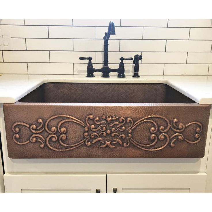 Ganku Farmhouse/Apron-Front Handmade Copper 33 in. Single Bowl Copper Kitchen Sink with Scroll Design